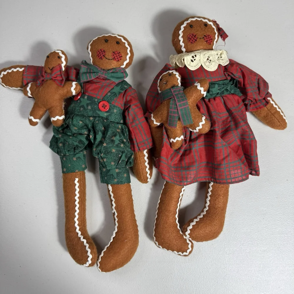 Vintage Stuffed Gingerbread Family Boy Girl Christmas Holiday Decor Farmhouse - Picture 2 of 9